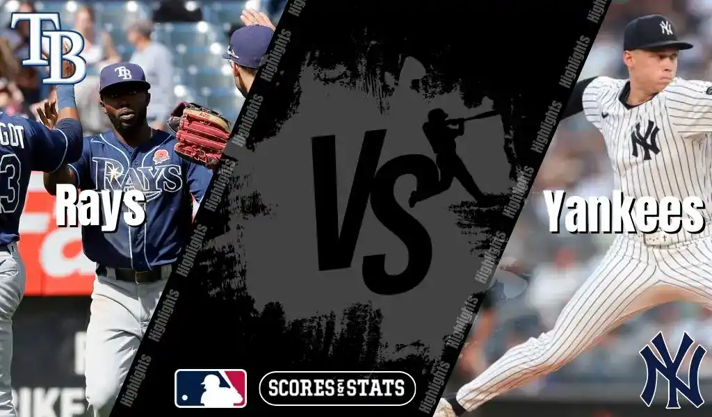 Tampa Bay Rays players celebrate while New York Yankees pitcher throws during MLB matchup graphic.