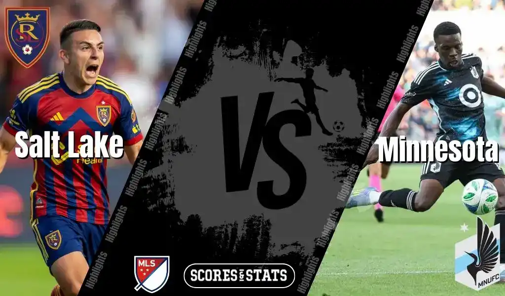 Real Salt Lake player in red and blue kit celebrates as Minnesota United player in black and blue kit controls the ball during an MLS matchup.