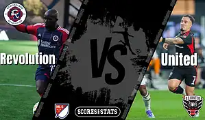 New England Revolution and DC United MLS matchup graphic featuring players from both teams ahead of their August 9, 2025 game.