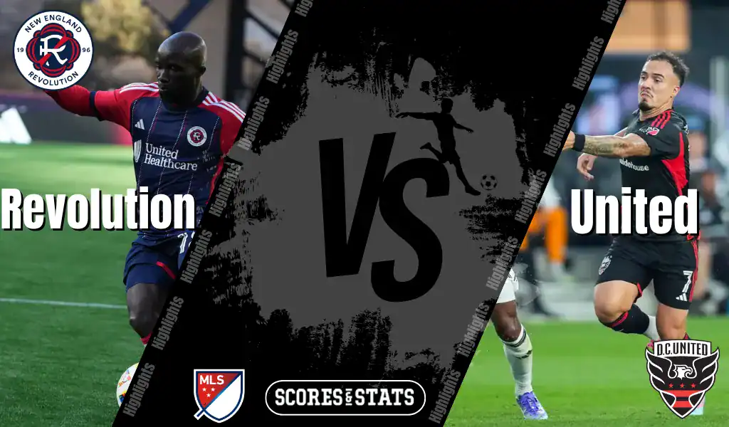 New England Revolution and DC United MLS matchup graphic featuring players from both teams ahead of their August 9, 2025 game.