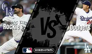 Split image showing a Colorado Rockies pitcher on the left and a Los Angeles Dodgers pitcher on the right with a "VS" in the center, highlighting a baseball matchup.