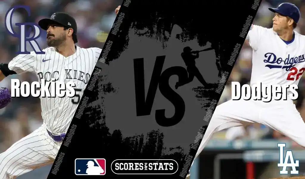 Split image showing a Colorado Rockies pitcher on the left and a Los Angeles Dodgers pitcher on the right with a "VS" in the center, highlighting a baseball matchup.