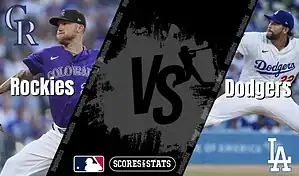 Colorado Rockies pitcher throws against Los Angeles Dodgers pitcher in MLB matchup graphic.