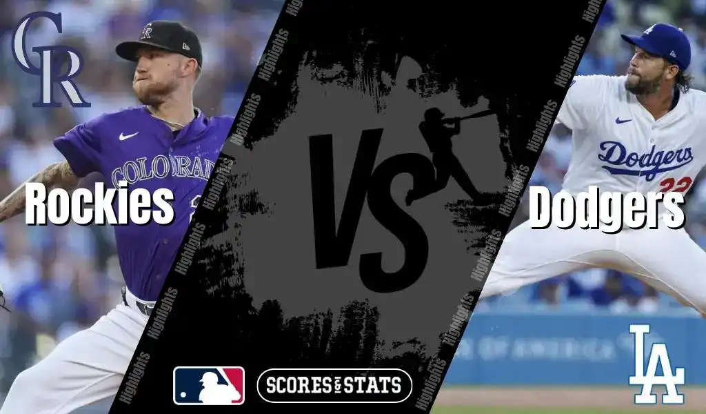 Colorado Rockies pitcher throws against Los Angeles Dodgers pitcher in MLB matchup graphic.