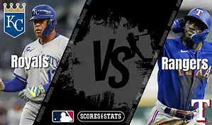 Kansas City Royals batter prepares at the plate while Texas Rangers player reacts during MLB matchup graphic.