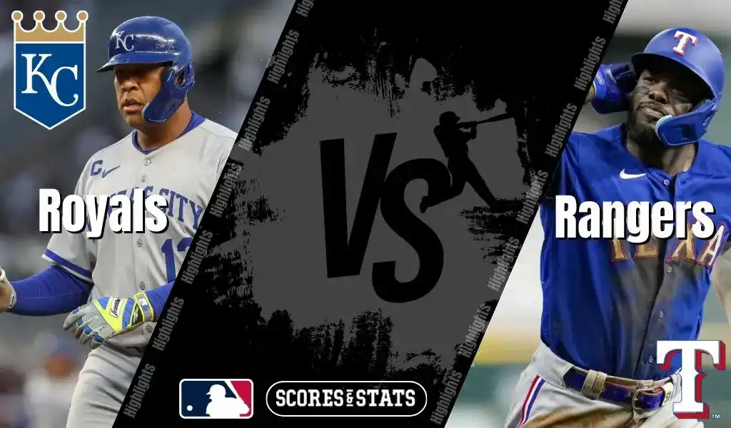 Kansas City Royals batter prepares at the plate while Texas Rangers player reacts during MLB matchup graphic.