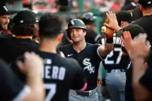 A baseball player in a black jersey celebrates with teammates in a dugout, high-fiving and holding a bat, showcasing team camaraderie.