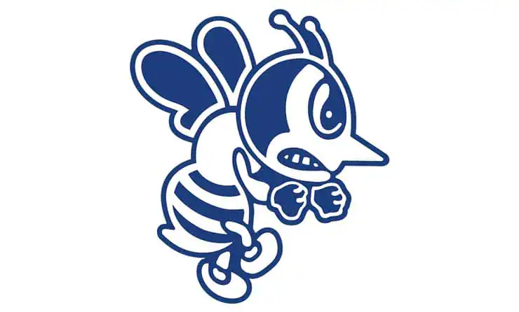 Blue and white cartoon bee mascot logo of St. Ambrose Fighting Bees.