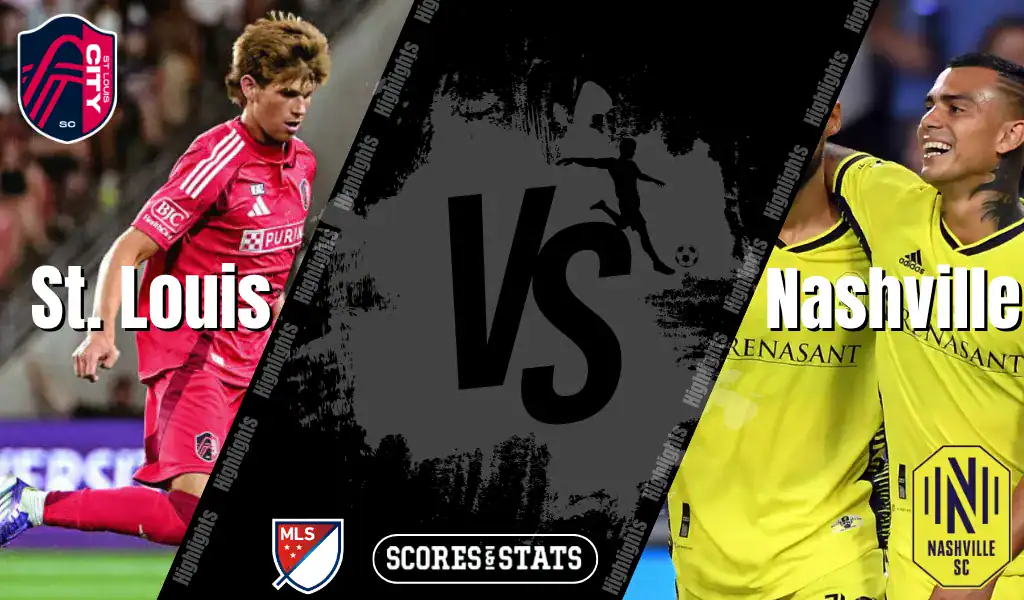 St. Louis City SC and Nashville SC MLS matchup graphic featuring players from both teams ahead of their August 9, 2025 game.