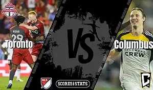 Toronto FC players celebrate a goal while a Columbus Crew player smiles in action during an MLS match.