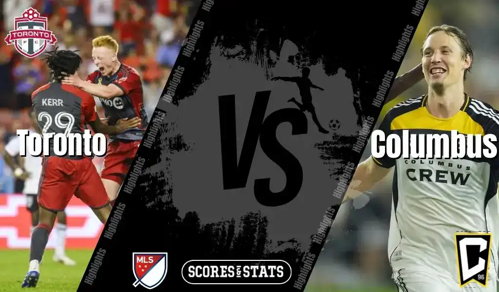 Toronto FC players celebrate a goal while a Columbus Crew player smiles in action during an MLS match.