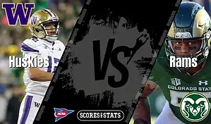 Washington Huskies quarterback faces Colorado State Rams defender during NCAA football matchup.