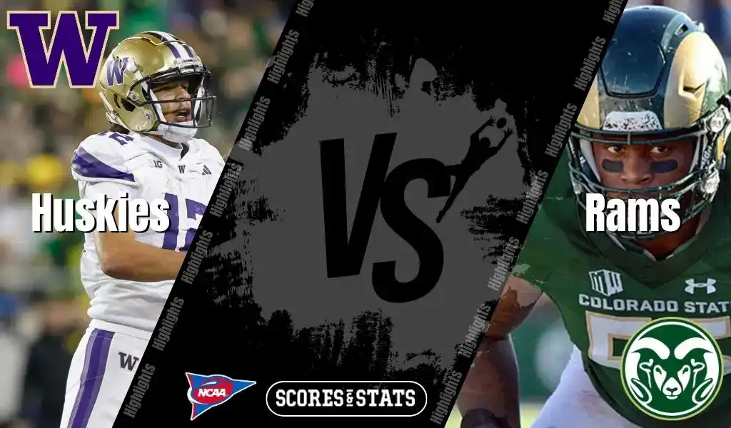 Betting on College Football Playoff 3 Washington Huskies quarterback faces Colorado State Rams defender during NCAA football matchup.