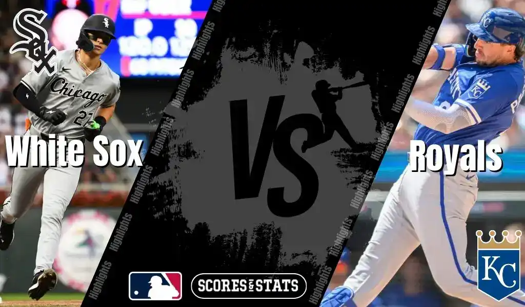 Chicago White Sox player running bases against Kansas City Royals batter swinging during MLB matchup on August 25, 2025.