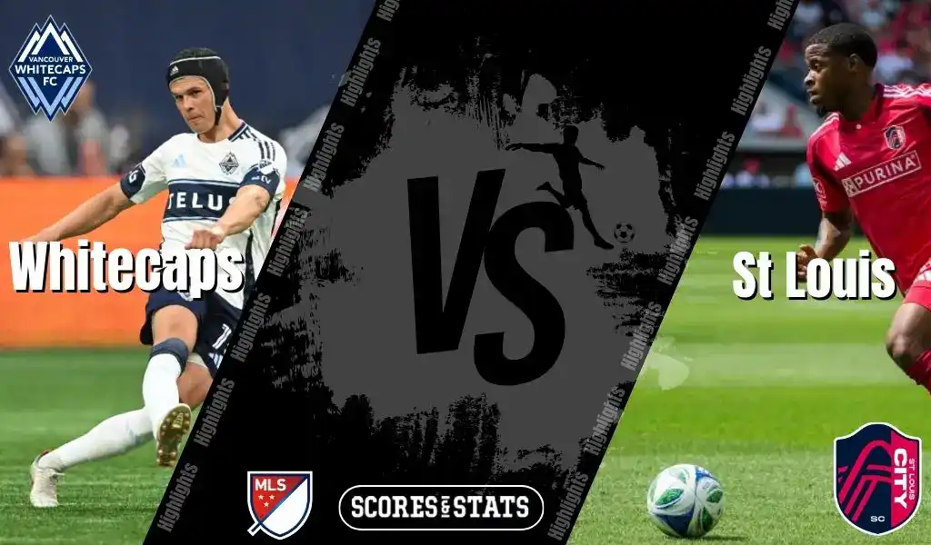 Vancouver Whitecaps player takes a powerful shot while St Louis City defender closes in during an MLS match, previewing their August 23, 2025 matchup.