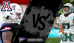 Split graphic featuring Arizona Wildcats and Hawaii Rainbow Warriors football players ahead of their matchup on August 30, 2025.