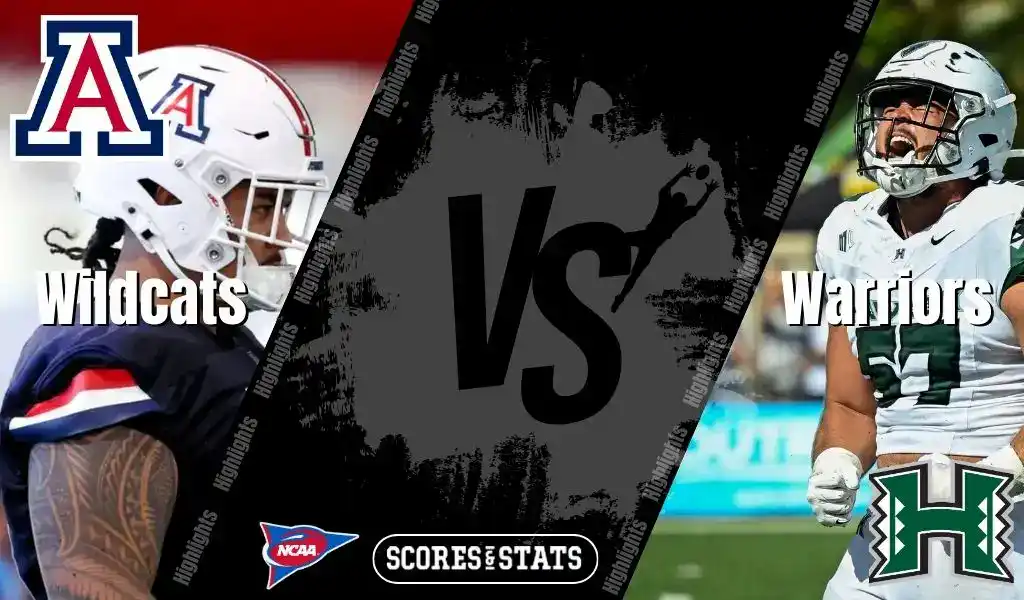 Split graphic featuring Arizona Wildcats and Hawaii Rainbow Warriors football players ahead of their matchup on August 30, 2025.