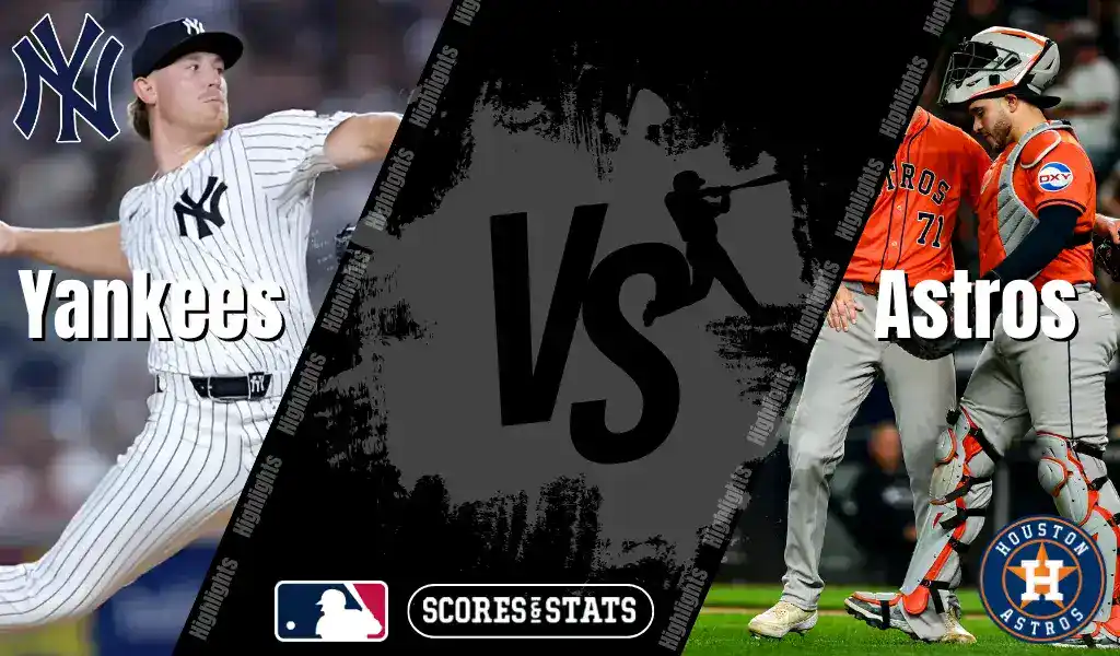 MLB matchup preview for New York Yankees vs Houston Astros on August 9, 2025, featuring action shots of players from both teams.