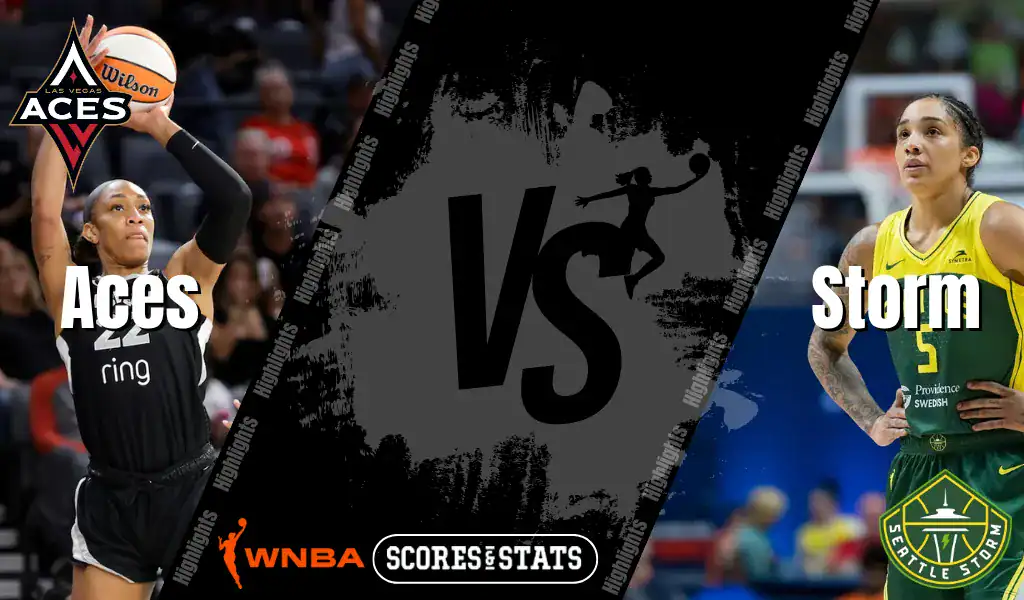 Las Vegas Aces player shooting and Seattle Storm player preparing to defend in WNBA game August 8th, 2025