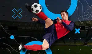 Soccer player in red and blue uniform performing a flying kick with ball in stadium background representing 2026 FIFA World Cup predictions.
