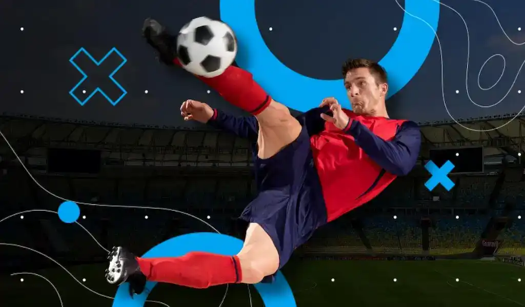 Soccer player in red and blue uniform performing a flying kick with ball in stadium background representing 2026 FIFA World Cup predictions.