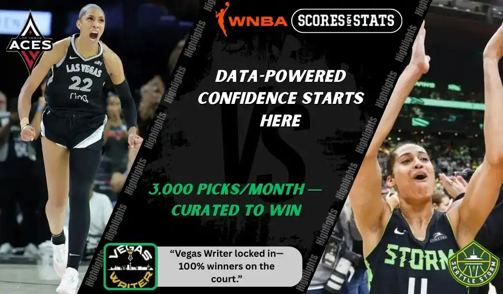 WNBA matchup graphic featuring a Las Vegas Aces player in black uniform driving forward against a Seattle Storm player in green uniform celebrating, highlighting betting picks and predictions for September 18, 2025.