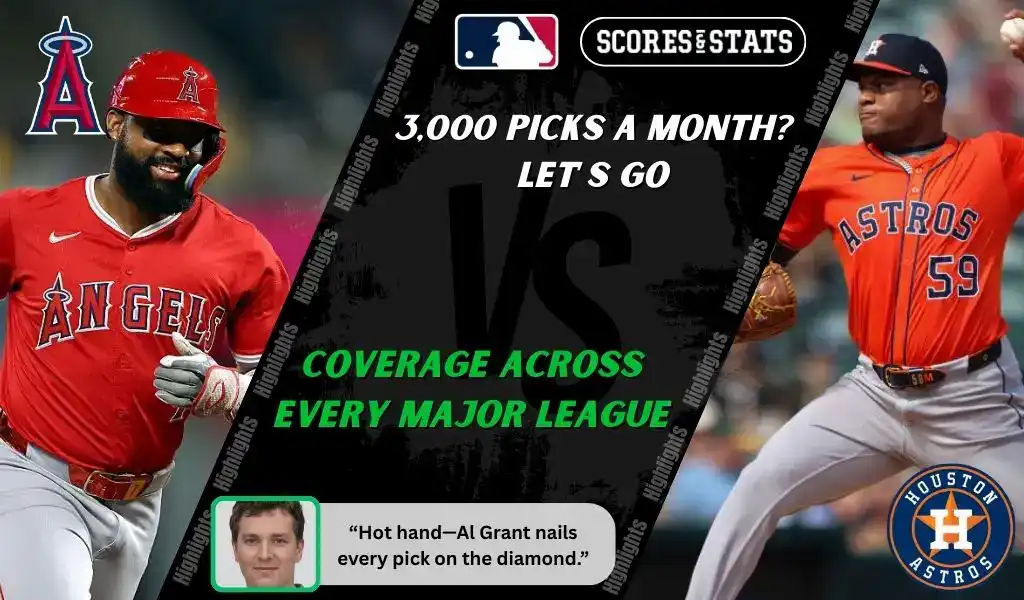 Los Angeles Angels batter celebrates while Houston Astros pitcher winds up for a throw in MLB matchup action.