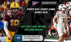 NCAA football matchup graphic showing Arizona State Sun Devils quarterback in maroon and yellow uniform facing Texas State Bobcats players in white uniforms, highlighting betting picks and predictions for September 13, 2025.