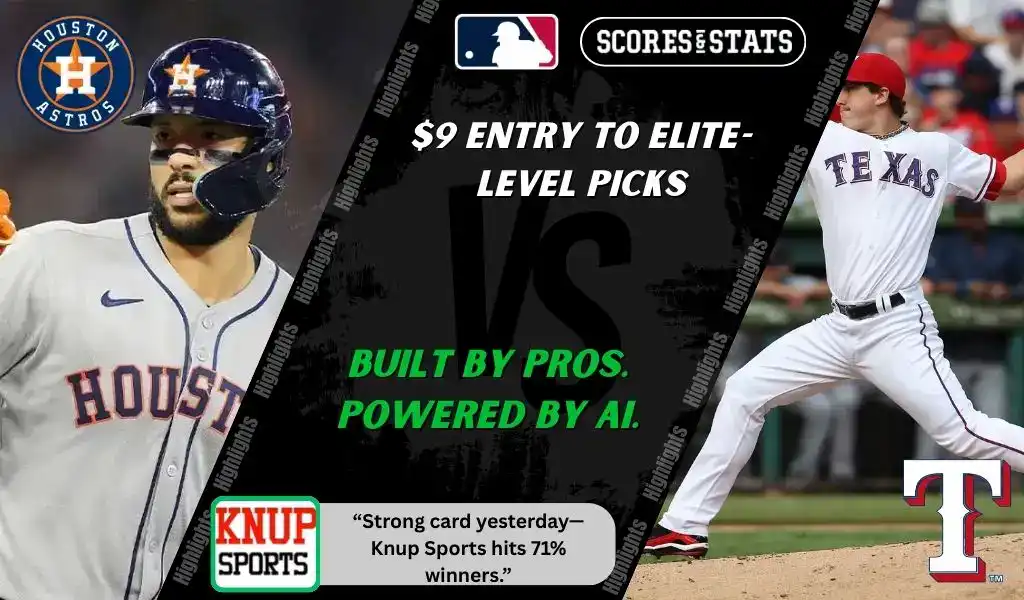 MLB matchup graphic featuring a Houston Astros batter in gray uniform against a Texas Rangers pitcher in white uniform, promoting betting picks and predictions for September 16, 2025.