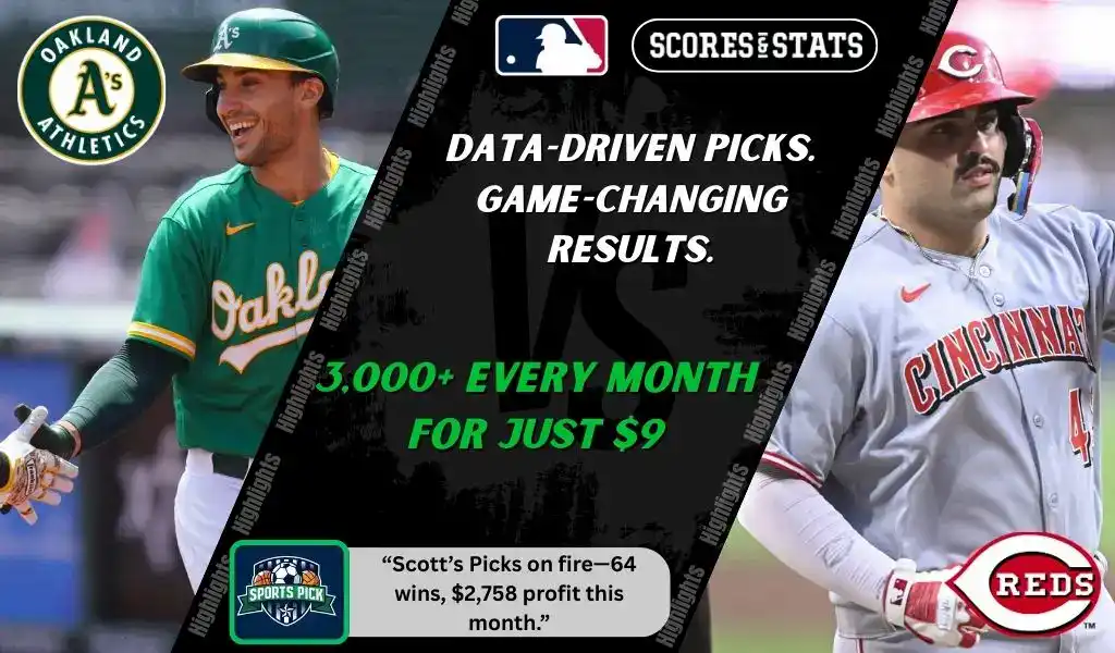 MLB matchup graphic showing an Oakland Athletics player in green uniform smiling and a Cincinnati Reds player in gray uniform at bat, highlighting betting picks and predictions for September 12, 2025.