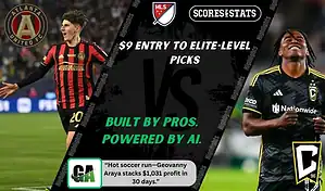 MLS matchup graphic featuring an Atlanta United player in black and red kit against a Columbus Crew player in black kit with yellow trim, promoting betting picks and predictions for September 13, 2025.