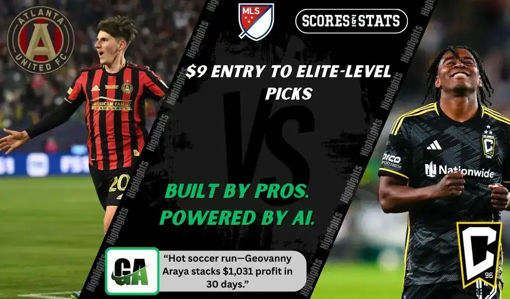 MLS matchup graphic featuring an Atlanta United player in black and red kit against a Columbus Crew player in black kit with yellow trim, promoting betting picks and predictions for September 13, 2025.