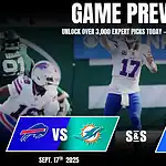 An NFL game preview graphic featuring a match between the Buffalo Bills and Miami Dolphins on September 17, 2025, with betting insights.