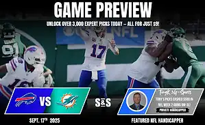 An NFL game preview graphic featuring a match between the Buffalo Bills and Miami Dolphins on September 17, 2025, with betting insights.