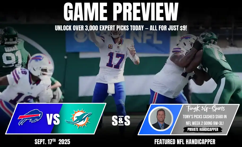 An NFL game preview graphic featuring a match between the Buffalo Bills and Miami Dolphins on September 17, 2025, with betting insights.