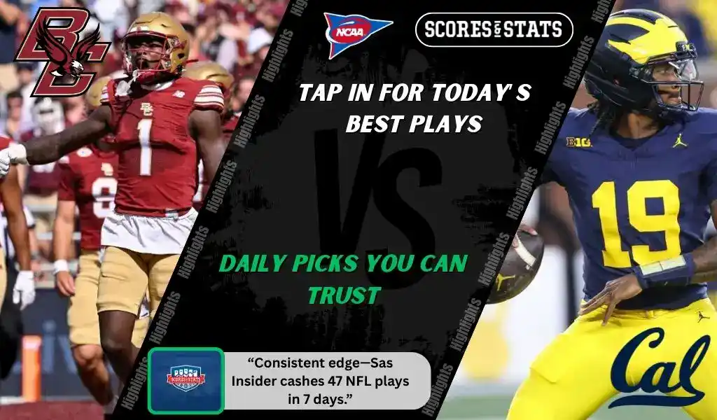 NCAAF 2 Boston College Eagles football player in red uniform runs with the ball against California Golden Bears player in blue and yellow during their September 27, 2025 matchup promo graphic.