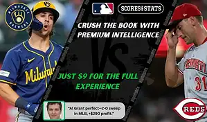 MLB matchup featuring a Milwaukee Brewers batter in mid-swing and a Cincinnati Reds pitcher walking off the mound during game action.