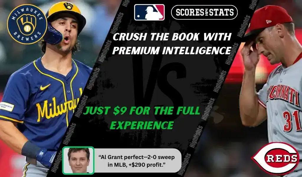 MLB matchup featuring a Milwaukee Brewers batter in mid-swing and a Cincinnati Reds pitcher walking off the mound during game action.
