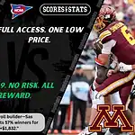 NCAA football matchup graphic featuring California Golden Bears players in navy uniforms against Minnesota Golden Gophers players in maroon and gold uniforms, promoting betting picks and predictions for September 13, 2025.