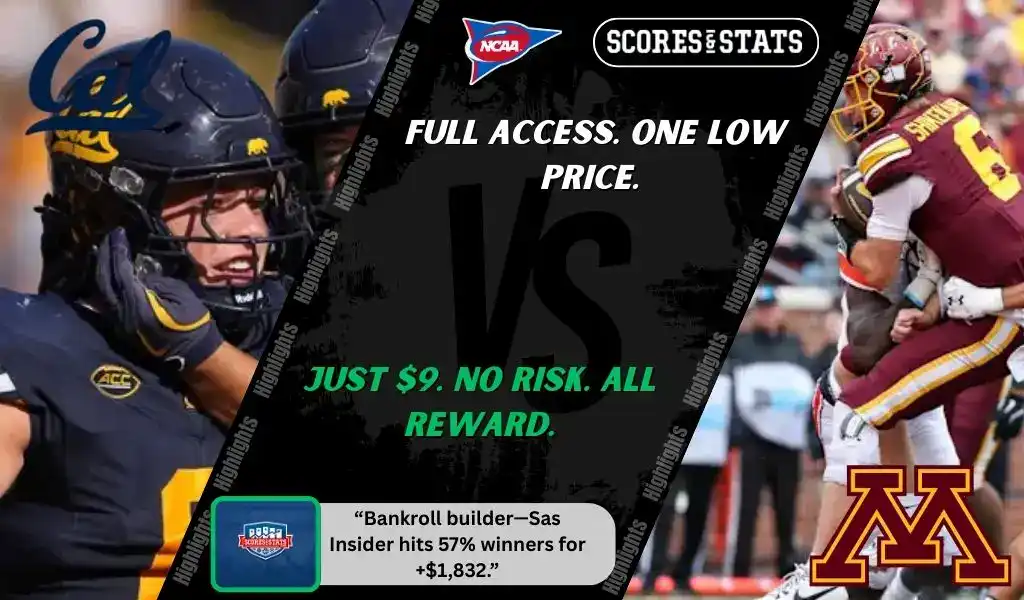 NCAA football matchup graphic featuring California Golden Bears players in navy uniforms against Minnesota Golden Gophers players in maroon and gold uniforms, promoting betting picks and predictions for September 13, 2025.