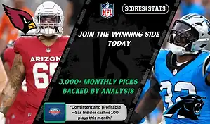 NFL matchup graphic featuring an Arizona Cardinals player in red uniform against a Carolina Panthers player in blue uniform, highlighting betting picks and predictions for September 14, 2025.
