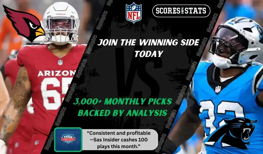NFL matchup graphic featuring an Arizona Cardinals player in red uniform against a Carolina Panthers player in blue uniform, highlighting betting picks and predictions for September 14, 2025.