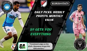 MLS matchup graphic featuring a Charlotte FC player in white and blue kit against an Inter Miami CF player in pink kit, promoting betting picks and predictions for September 13, 2025.