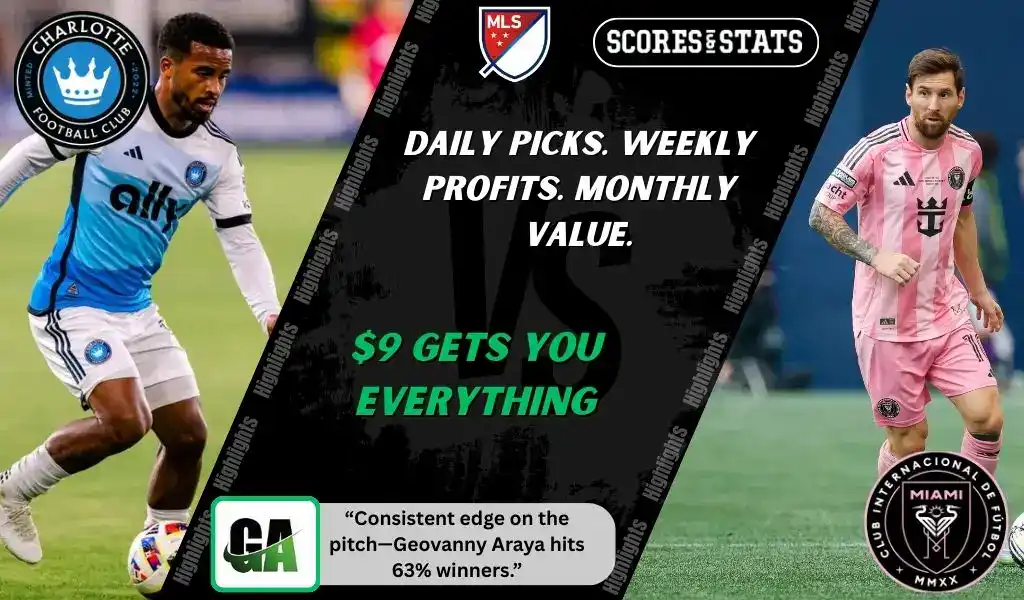 MLS matchup graphic featuring a Charlotte FC player in white and blue kit against an Inter Miami CF player in pink kit, promoting betting picks and predictions for September 13, 2025.