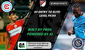 MLS matchup graphic featuring a Chicago Fire player in red kit against a New York City FC player in light blue kit, promoting betting picks and predictions for September 13, 2025.