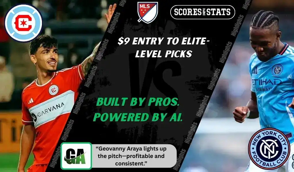 MLS matchup graphic featuring a Chicago Fire player in red kit against a New York City FC player in light blue kit, promoting betting picks and predictions for September 13, 2025.