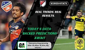 MLS matchup graphic featuring an FC Cincinnati player in orange and blue kit against a Nashville SC player in yellow and black kit, promoting betting picks and predictions for September 13, 2025.