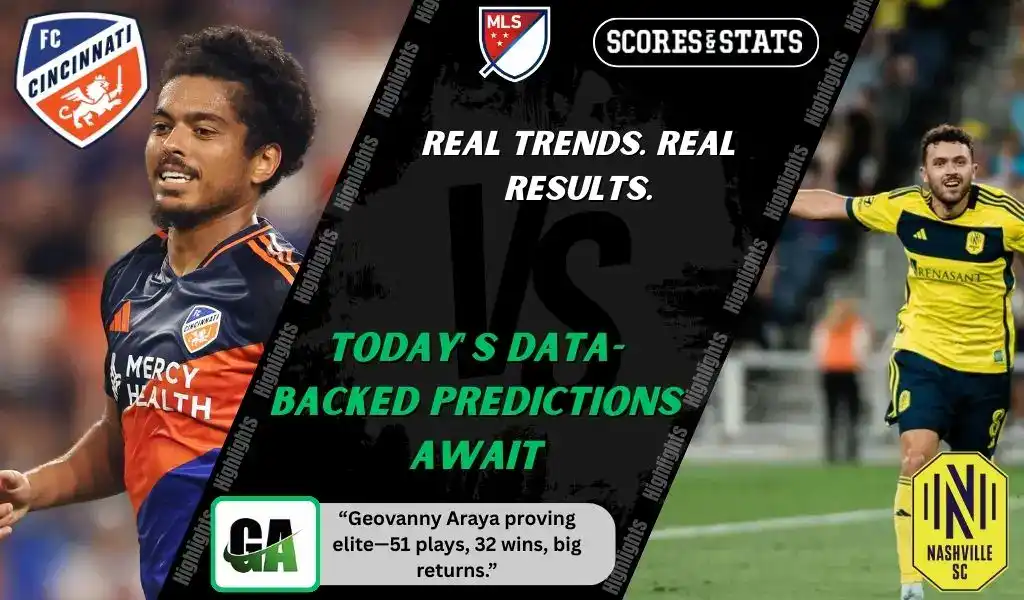 MLS matchup graphic featuring an FC Cincinnati player in orange and blue kit against a Nashville SC player in yellow and black kit, promoting betting picks and predictions for September 13, 2025.