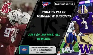 NCAA football matchup graphic showing Washington State Cougars players in red uniforms celebrating against Washington Huskies player in purple and gold uniform, highlighting betting picks and predictions for September 20, 2025.