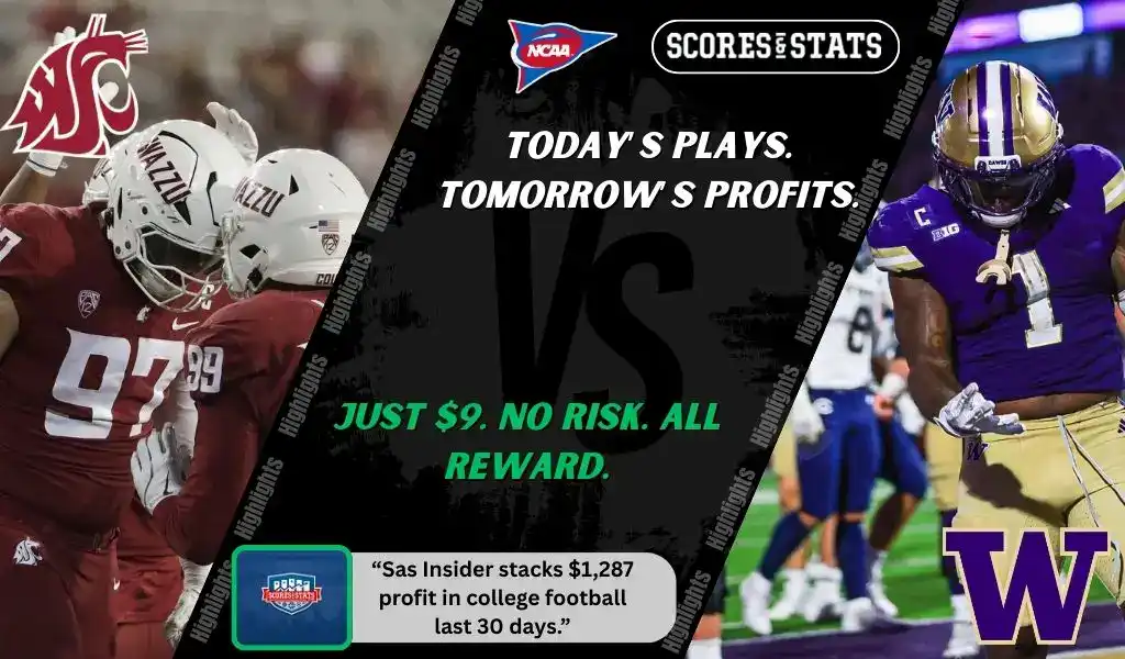 NCAA football matchup graphic showing Washington State Cougars players in red uniforms celebrating against Washington Huskies player in purple and gold uniform, highlighting betting picks and predictions for September 20, 2025.